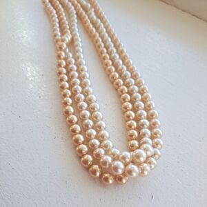 Vintage Faux Pearl Necklace 3 Strand White + Peachy Gold 18" Pearl Regency Style